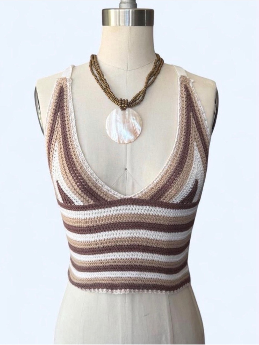 Boho Striped Crochet Crop Top - Taupe & Cream